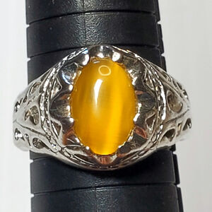 Chunky Biker Silver Tone Ring Yellow Cabochon Sz 11 Unsigned